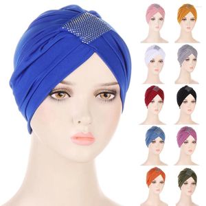 Etniska kläder Multicolor Crystal Rhinestone Square Pullover Hat For Women Headscarf Bottom Cap Turban Muslim Hijabs Beanie