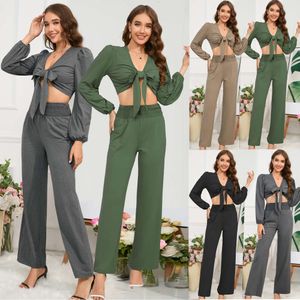 Large Women's High Waist Lace Up Long Sleeved Top+straight Fit Straight Leg Pants Set Explosion