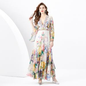Deep V-neck Maxi Ruffled Floral Dress Flared Sleeve Designer Women Elegant Retro Printed Long Swing Dress Sexy Ladies Beach Vacation Casual Party Clothes Robes