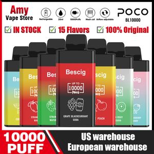 Armazém dos EUA Original 10000 baforadas Vape descartável Poco BL10000 Cigarro eletrônico Caneta Vape recarregável Fluxo de ar ajustável 20ML 15 cores Dispositivo puff 10k