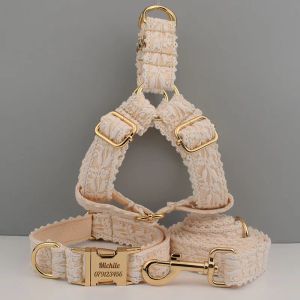 Sets Luxus-Hundehalsband, modisches Blumen-Spitzengeschirr, Welpe, Katze, Hundemarke, Halsband, Leine, verstellbar, für kleine, mittelgroße und große Hunde, kostenlose ID-Gravur