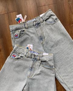 Kvinnors jeans stora pojke y2k japansk gotisk hiphop -tecknad grafisk broderi retro blå baggy män kvinnor hög midja bred byxa