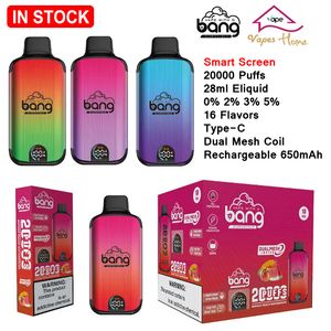 Original Bang 20000 Puffs 20K Smart Screen Dual Mesh Coil Disposable Vapes Box Kit Puff E Cigaretter Laddningsbart 650mAh Batteri 0% 2% 3% 5% 16 smaker Vaper