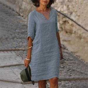 Casual Dresses Summer Women 2024 V Neck Short Sleeve Holiday Kne Length Dress Solid Color Vintage Straight
