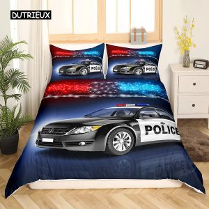 Set Policeman Car Duvet Cover Cartoon Police Car Bedding Set Boys Red Blue Cop Lights Polyester Queen King Quilt Cover Room Decor Sheer Curtains