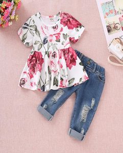 Baby Mädchen Floral Crop TopsLoch Denim Hosen Jean Kleinkind Kinder Kleidung Sets Neujahr 039s anzug für ein Mädchen2461074