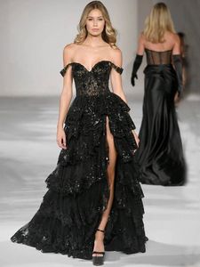 Masowe czarne cekiny Promowa sukienka na imprezę 2024 Off the Rame warstwy koronkowe wieczorne urodziny Celebrity Suknie Robe de Soiree vestidos de noche