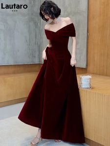 Lautaro Spring Long Luxury Elegant Wine Red Soft Velvet Evening Party Wedding Dresses for Women Off Shoulder Maxi Dress 240313