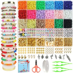 Kit bracciale fai-da-te Set di perline di argilla per forniture per la creazione di gioielli Heishi bohémien con perline Argilla polimerica Conchiglia Stella Anello per saltare Chiusura a moschettone Lettera Sorriso Ciondolo a forma di cuore