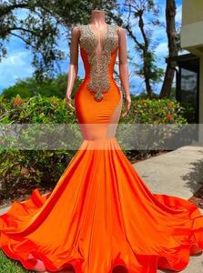 Orange Mermaid Long Prom Dresses Beaded Appliques Deep V Neck Evening Dress Formal Open Back Sleeveless Party Gowns BC15130