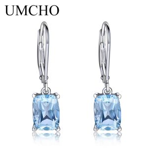 Серьги Umcho Blue Topaz Gemstone Drop Серьги для женщин твердые 925 серебряных серебряных серьги для свадебных украшений.