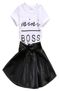 New Fashion Toddler Kids Girl Clothes Set Summer Short Sleeve Mini Boss Tshirt Tops Leather Skirt 2PCS Outfit Child designer Su4463031