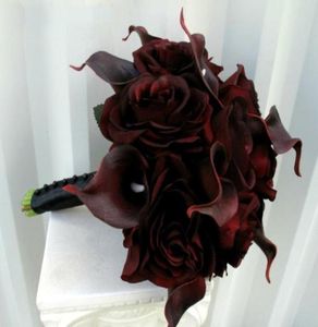 Düğün Çiçekleri Gelin Buket Yuvarlak Stil Bordo Rose Calla Lilies 10 inç el tutma 9342441