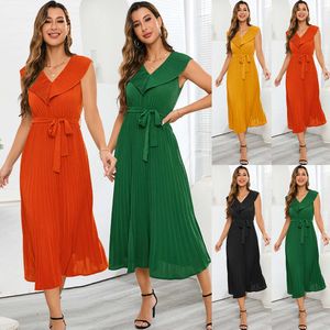 Women's New Sexy Sleeveless Peach Heart Pleated V-neck 2024 Summer Lace Up Dress Mid Length Skirt