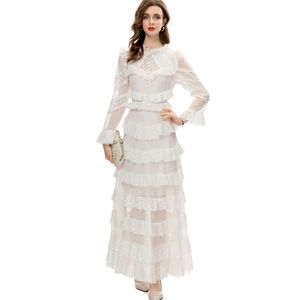 Women's Runway Dresses O Neck Long Sleeves Tiered Ruffles Embroidery Lace Elegant Party Gown Prom Vestidos plus sizes
