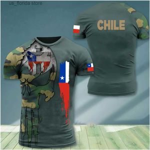 Męskie koszulki Vintage Chile T-shirt 3D Print Chilean Flag Shirt O SCICK Męskie Weterany Krótkie płyty