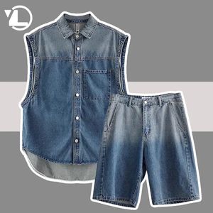 Gradient denim Set Män kvinnor hiphop streetwear ärmlösa vestcasual shorts 2 st.