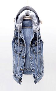 Plus 5xl Spring Summer Dżinsowe kamizelki duże rozmiar Slim z kapturem dżinsów kamizelka kamizelka kurtka bez rękawów Kobiet krótki płaszcz Mejer3991145