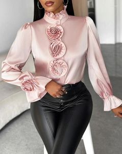 Mulheres camisetas Luxo Mulheres Rose Detalhe Frill Hem Bell Sleevetop 2024 Início da Primavera Última Casual Stand Collar Mangas Compridas Blusas Diárias