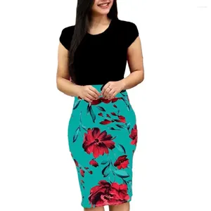 カジュアルドレスの女性印刷ドレスエレガントなハイウエストフローラルパッチワークシーススリムフィットの膝の長さの女性