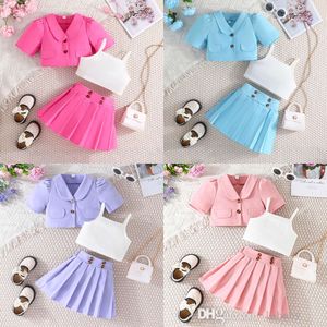 2024 Summer Baby Girls Cothes Cute Kids Three 3 Piece Set Short Sleeve Coat+White Tank Top Vest+Mini Pleated Skirt Sets Fashion Childern Clothing 3-8Y