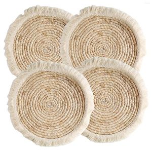 Tapetes de mesa 4pcs 25cm de diâmetro suporte de panela trivets com protetor de borla bancada redonda para cozinha palha trançada pratos almofadas cozinhar