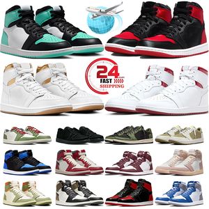 Con scatola Spedizione gratuita Jumpman 1 scarpe da basket basse nere oliva 1s scarpe da ginnastica da uomo scarpe da ginnastica da donna Green Glow Satin Bred True Blue Bred Patent sport all'aria aperta