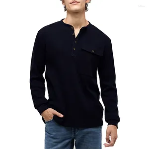 Men's T Shirts Solid Color Bottoming Tops Men Spring Long Sleeve Buttoned Crew Neck Pullover Fashion Patch Pocket Mens Waffle T-shirt