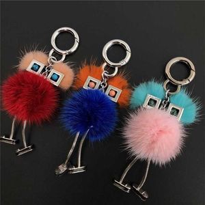 Designer äkta Real Fur Chick Monster Robot Doll Toy Charm Fur Pompom Ball BAG Charm Key Chain Keyring Bag biltelefon Tillbehör 6Q5F