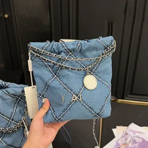 20/32cm Women Designer Denim 22 Garbage Bag Two-Tone Embroidery Stripes Thread Silver Coins Charm Letters Hardware Matelasse Chain Cross Body Shoulder Handbag Purse