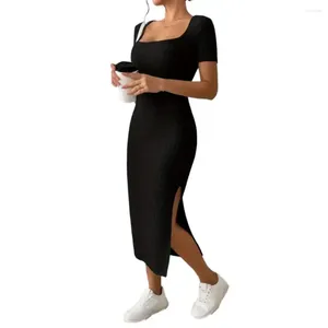 Casual Dresses Women Dress Summer Hip-covering Slit Elegant Square Neck Knitted Midi For Solid Color Split Hem Party Commute