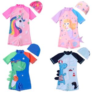 Badkläder Ny sjöjungfru Unicorn Children Swimsuit Baby Girl Boy One Piece Tryck på spädbarns dinosaurie Tecknad snabb torkning av varm källa badkläder