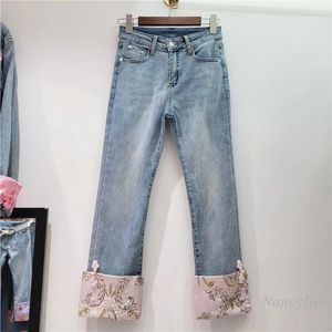 Jeans femininos 2024 primavera estilo chinês retro contraste cor fivela diamante-embutido cintura alta emagrecimento calças jeans