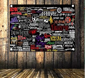 Aksesuarlar Rock and Roll Band Logo Koleksiyonu Ağır Metal Müzik Poster Kumaş Bayrak Afişleri 4 Delikli Hang Cloth Bar Cafe Ev Dekoru Hediyesi
