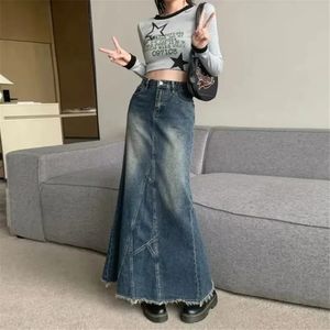 Retro Langer Jeansrock Y2k Klassisch Allgleiches Vitalität Lässiger Ausflug Eng Sexy Frauen Unregelmäßiger Fischschwanzrock Mädchen Cool 240306