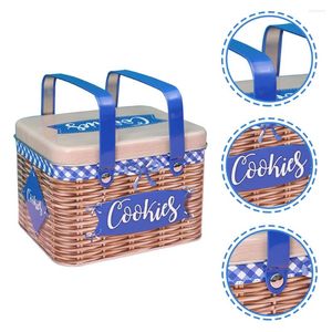 Storage Bottles Cake Decoration Biscuit Box Metal Handheld Candy Tin Cookie Jar Imitation Rattan Handle Design