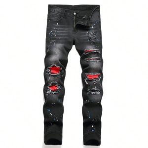 Mężczyźni y2k elastyczne chude dżinsowe dżinsowe dżinsy dla mężczyzn swobodne spodnie Rozbita patchworka szczupła dżinsowa hop czarne proste spodnie 240309
