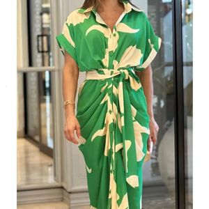 HOUZHOU Green Elegant Dress Women Art Print Lapel Short Sleeve Single Row Button Tie Up Pleated Design Shirt Dresses Female 240301