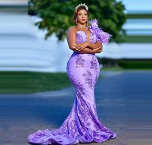 Charming Purple Plus Size Prom Dresses 2022 One Shoulder Sequins Lace With Train Feathers Long Women Aso Ebi Evening Gowns C06305196980