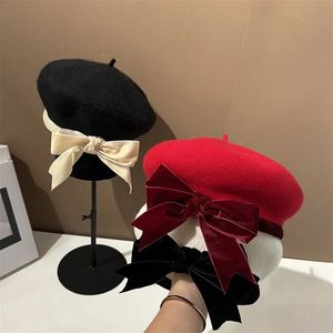 11xx chic drop winter velvet bowknot wool felt sweet lady beret hat women Leisure painter 240229