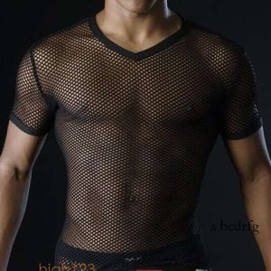 Hot Men T Shirts Transparent Mesh See Through Tops Tees Sexy Man Tshirt V Neck Singlet Gay Male Casual Clothes T-shirt Clothing 336