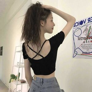 Versão coreana da nova camiseta de manga curta famosa da internet para mulheres Xia Instagram super quente nas costas escavadas slim fit curto top de umbigo exposto
