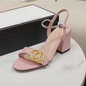 Luxury Designer High Heeled 7.5CM Sandals Party Genuine Leather Womens Dance Shoe Sexy Heels Ladies Metal Belt Buckle Thick Heel Women Shoes Beach Sandal 35-41