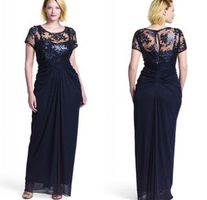 Guaina in chiffon blu navy Abiti da cerimonia taglie forti 2015 Nuovo stile Occasioni speciali Abito da sera manica corta in pizzo con paillettes Personalizzato EN5755244