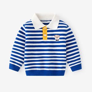 Top Clothes for Children Cotton Turndown Collar Stripe Bear Pattern Kids Long Sleeve with Spring and Autumn Clothing Coat 240307