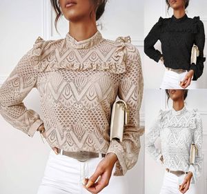 Autumn Elegant Lace Ruffles White Blouse Women Long Sleeve O Neck Slim Tops Korean Hollow Out Office Shirt