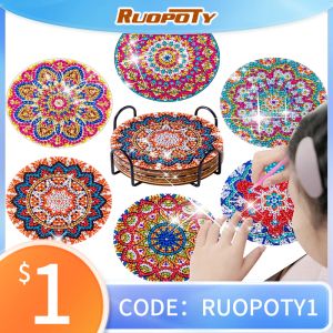 Número 6pcs Diamond Painting Coasters com titular Diy Mandala Coasters Kits de pintura de diamante para iniciantes Presente de aniversário de Natal para Iniciantes