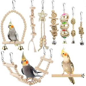 Toys Bird Parrot Swing Toys Set Chewing Standing Parakeet Perch Hammock Climbing Ladder Bird Cage Toys For Budgerigar Cockatiel Mynah