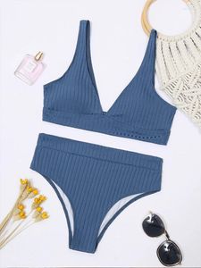 Mulheres Swimwear Peachtan Sexy Sólido Com Nervuras Biquínis 2024 Mujer Cintura Alta Maiô Mulheres V Pescoço Feminino Esporte Banheira Terno Stripe Biquini