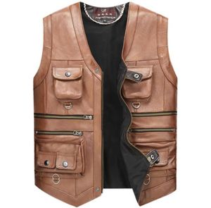 Real Leather Vest Men Reporter Multipocket Vest Brown Motorcycle Sleeveless Jackets Male Zipper Genuine Cow Leather Waistcoat5517941